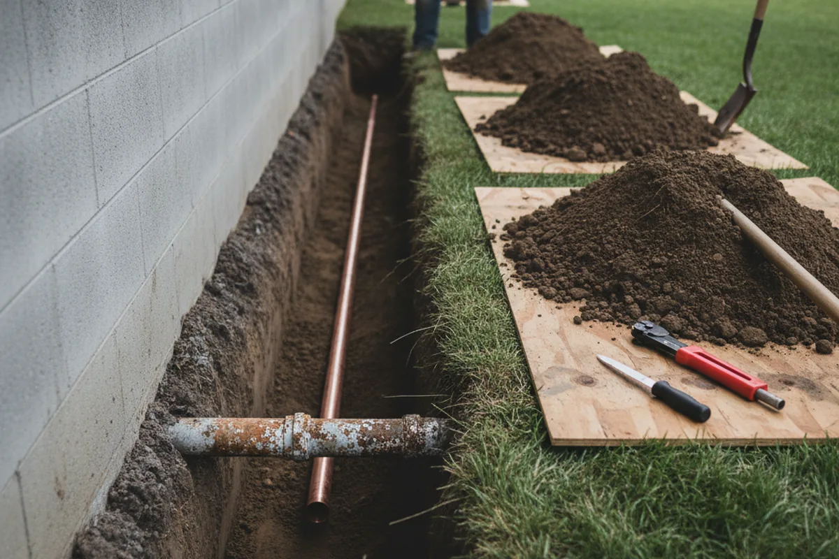 Excavated water line trench during Water Heater Repair in Federalsburg